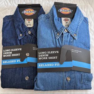 New! 2 Men’s Dickies Long Sleeve Denim Work Shirts In Medium & Dark Denim